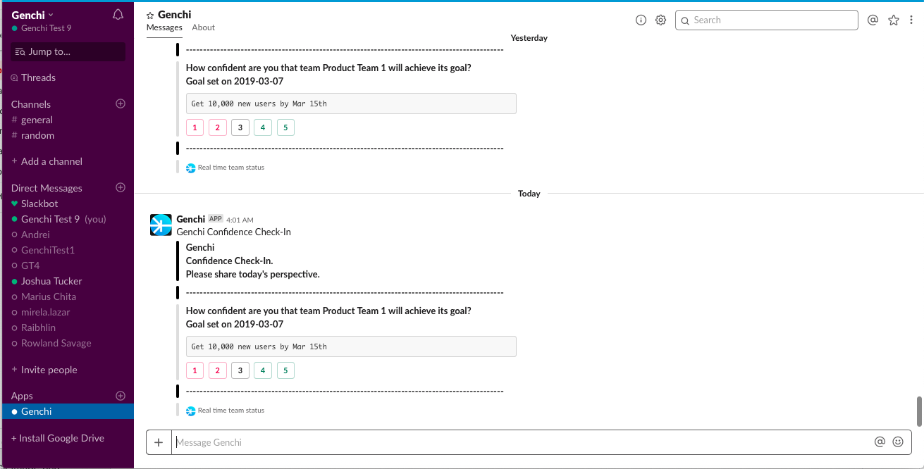 A Genchi confidence vote prompt in Slack, answered on a one-to-five scale